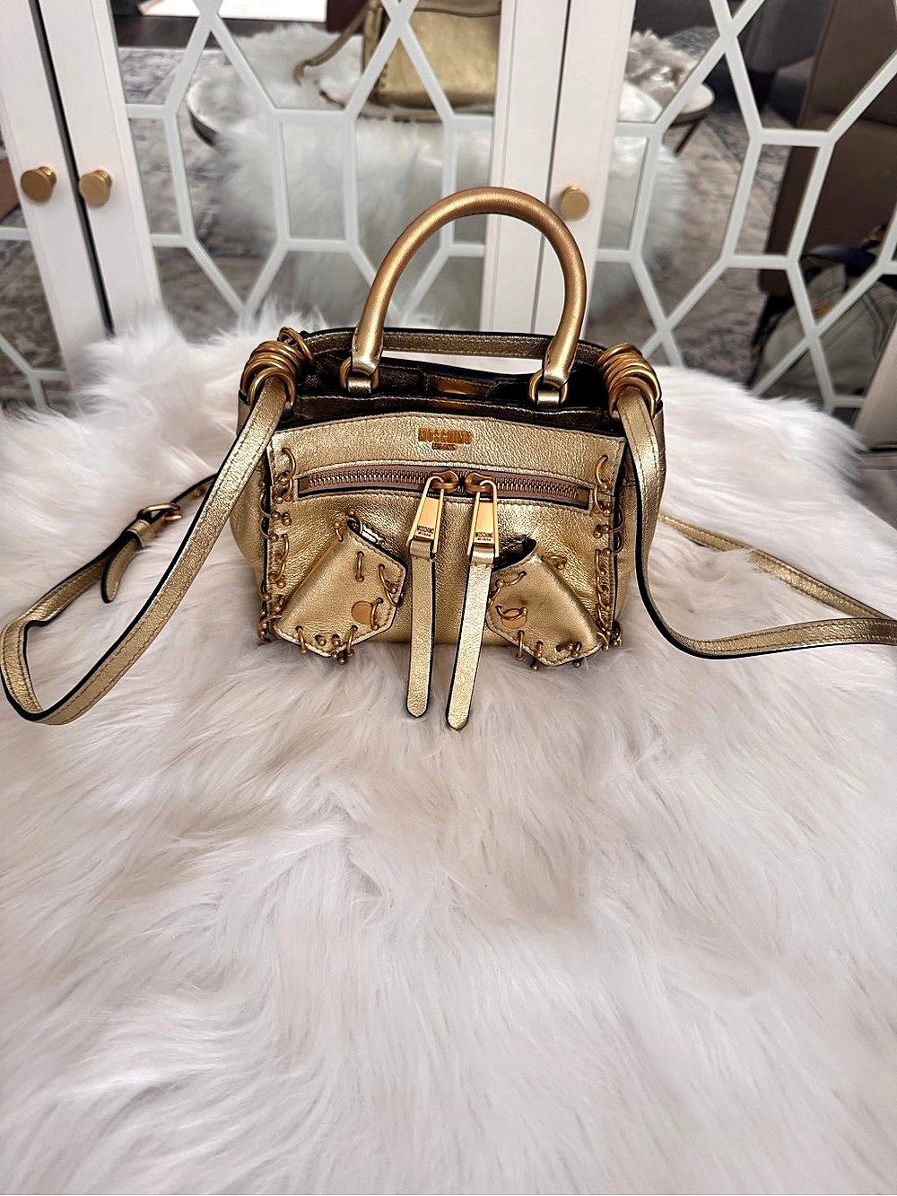 Moschino Small B- Pocket Top Handle Bag Metallic Gold Leather